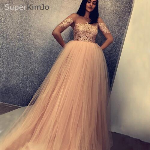 SuperKimJo Pregnant Prom Dresses 2019 Nude Pink Tulle Lace Applique Beaded Prom Gown Vestido De Festa