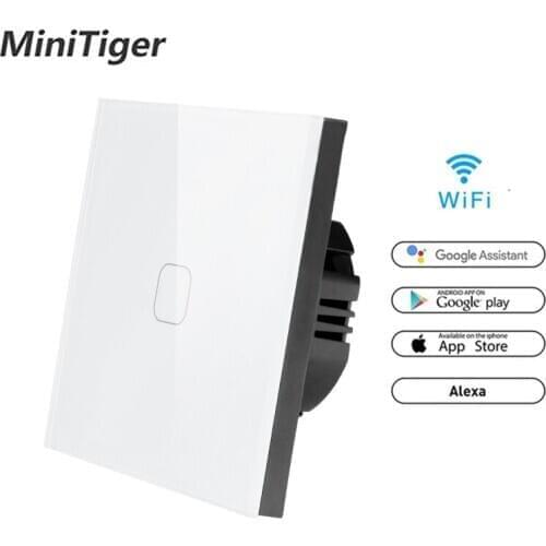 Minitiger WIFI Smart 1 Gang Touch Switch APP Wireless Remote Light Wall Switch Crystal Glass Panel Work With Alexa / Google Home