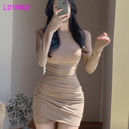 South Korea spring and autumn new style slim ones body sexy drape wraps buttock long sleeve base dress