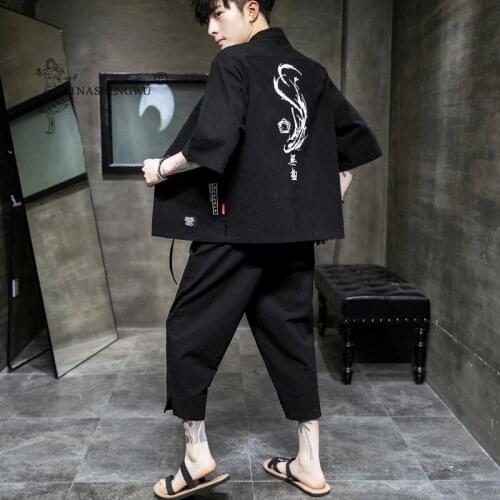 Japanese Traditional Kimono Yukata Summer Pants Two Piece Seven-point Coat Men Japan Print Shorts Cardigan Harajuku Clothes Sets