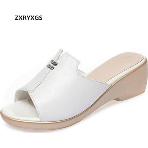 2021 New Summer Genuine Leather Fish Mouth Slippers Women Sandals Comfortable Light Wedges Slippers Women Sandal Shoes Big Size