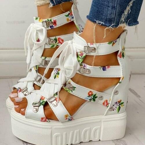 Roman Hot Print Leisure Wedges Womens Shoes 2021 Summer Shoes Women Sandals Platform Shoelaces High Heels Casual Shoes Woman