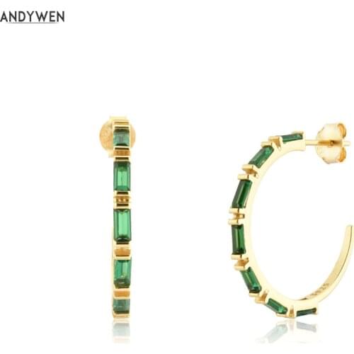 ANDYWEN New 925 Sterling Silver Gold Luxury Green Zircon Hoops Earring Piercing Clips Round Criollas LUCILLE Women Pendientes