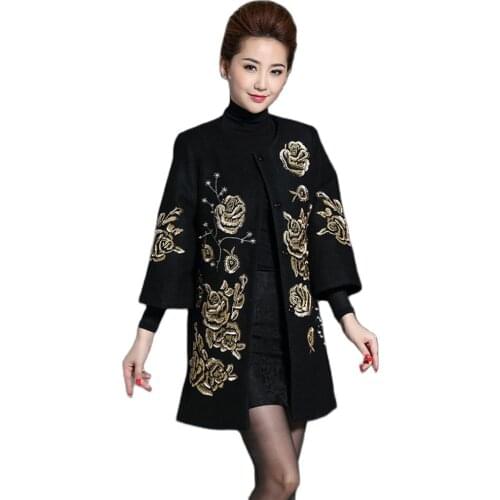 S to 7XL Women Embroidered Wool Coat For Autumn Winter Woolen Red Black Plus Size Chinesse Jacquard Trench Mother Coat For Mom