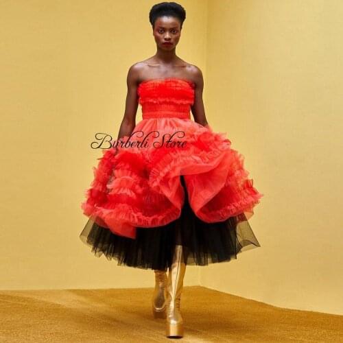 2021 New Fashion Mix Color Strapless Tulle Tiered Women Party Dresses Unique Colorful Ruffles Ball Gowns Moder Mid-Calf Dressing