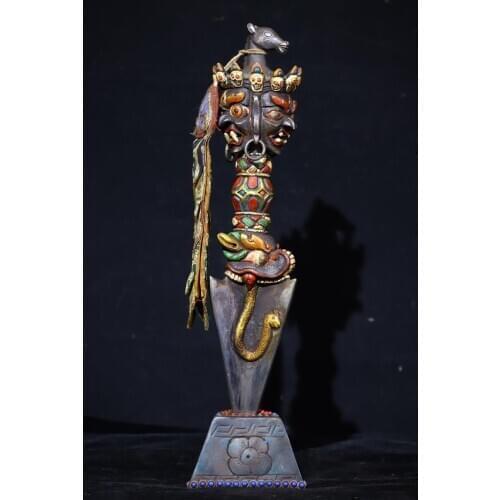 17" Tibet Buddhism Temple Tiantie Tracing mosaic gem 3-sided Hayagriva head statue Skull vajra Phurba Dagger Holder Buddha flowe