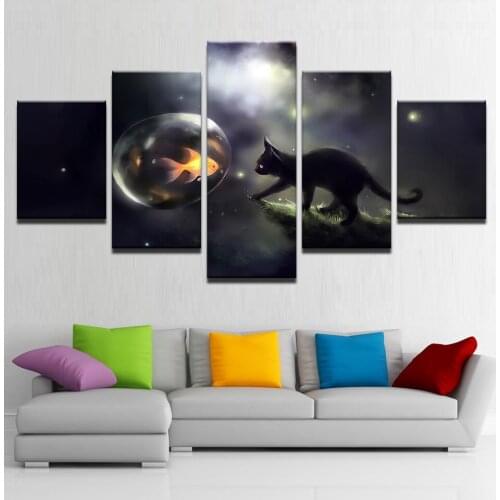 5 Piece Black Cat Bubble Goldfish Painting Home Decor Canvas HD Prints Poster Wall Art Modern Abstract Fish Picture Frame