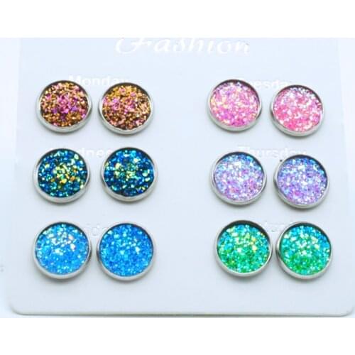 6 Pairs/Set 12mm Round Druzy Stud Earrings Set Bling Sparkly Resin Stainless Steel Ear Studs Charm Femme Jewelry