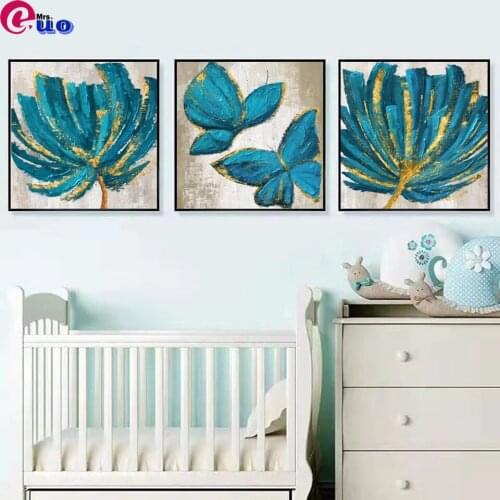 Full Drill 5D Diy Diamond Painting Flowers Blue Flower Butterfly Cross Stitch Diamond Embroidery Mosaic Home Decor Accessories