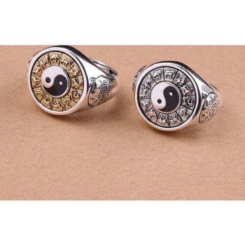Handmade 925 Silver Nine Direction Eight Symbols Ring Good Luck Ring Fengshui Taichi Yinyang Bagua Ring Resizable