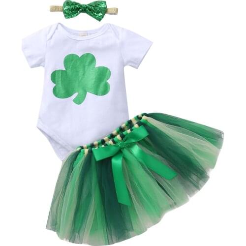 St. Patricks Day Toddler Baby Girl Clothes Four Leaf Clover Print Short Sleeve Romper+Green Stripe Tulle Skirt Summer 3pcs
