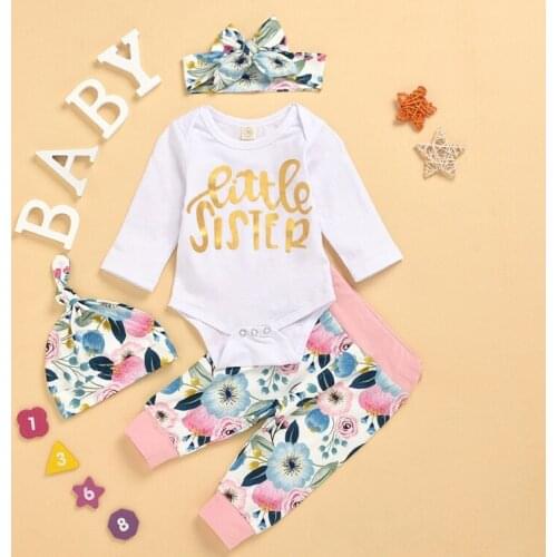 4pcs Toddler Infant Baby Girls Sets Little Girl Long Sleeve Tops Romper Long Pants Hat Newborn Outfits Set Casual Clothes