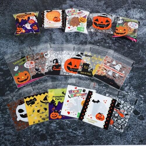 100pcs Halloween Candy Bags Kids Trick or Treat Party Dessert Gift Bag Cartoon Pumpkin Ghost Happy Halloween Party Decor 2021