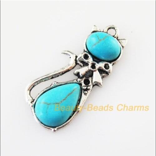 Fashion 12 New Charms Lovely Animal Cat Stone Tibetan Silver Color Pendants 13x29mm