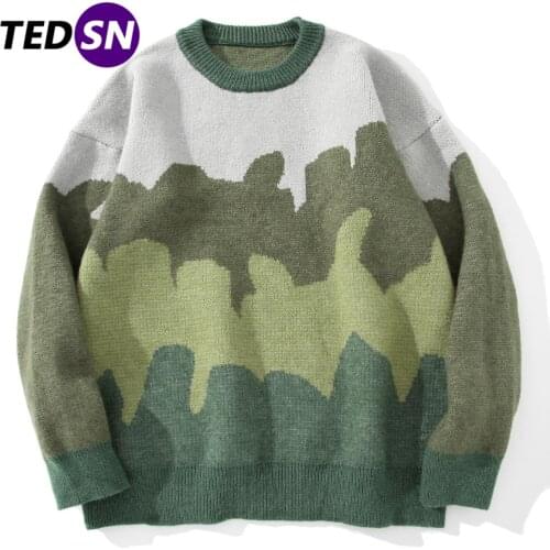 Harajuku Sweater Pullovers Men Gradient Striped Jacquard Knitted Sweater Hip Hop Retro Camouflage Print Streetwear Sweatshirts