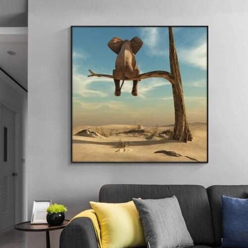 Funny Little Elephant on Tree Modern Animal Pictures Canvas Painting Wall Art Pictures for Living Room Home Decor