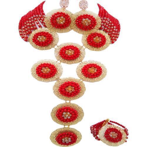 Opaque Red and Champagne Gold AB African Wedding Beads Crystal Beaded Necklace Jewelry Sets Wedding Accessories 9PHK08