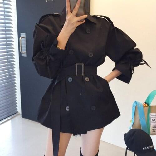 2021 New Fashion Lapel Double-Breasted Lace-Up Waist Slim Coat Cute Girl Casual Women Jacket Black Khaki Short Parker