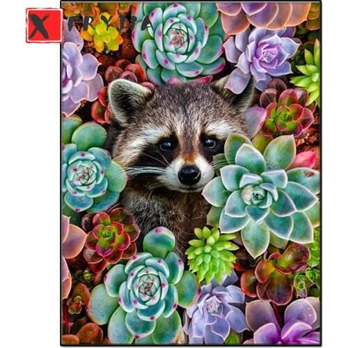 New product Diamond Painting Cute Racoon with Succulent Plants Mosaic Cross Stitch Full Square Round Drill Embroidery Home Decor