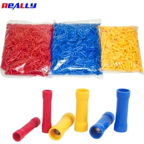 1000Pcs BV Crimp Terminal Butt Splice Crimp Connector Wire Copper Insulated Electrical Straight Wire Terminal BV1.25 BV2 BV5