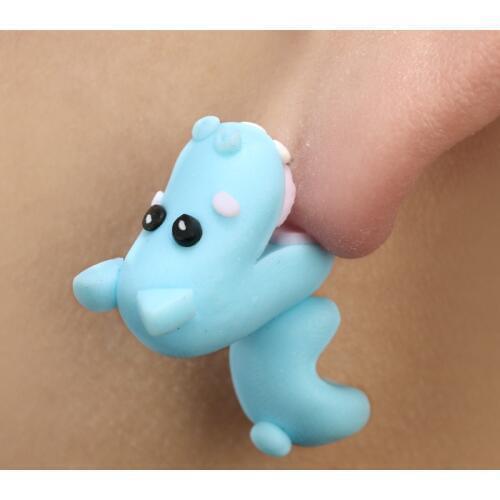 Hand-made Soft Pottery Stereo Animal Earrings Unique Design Blue Cute Hippo Bite Ears Eardrop Woman Bijoux Children Gifts