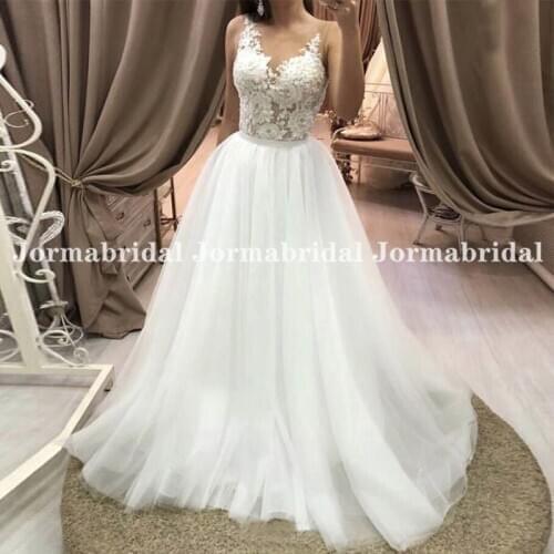 Tempting Flowers Applique Boho Wedding Dresses 2021 Jewel Neckline A Line Sleeveless White Tulle Bridal Gowns Beach Bride Dress