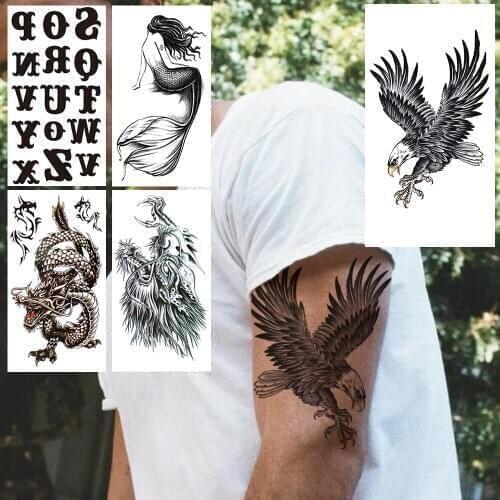 Eagle Temporary Tattoo For Men Women Black Words 3D Dragon Fake Tattoos Sticker Mermaid Body Art Arm Character Waterproof Tatoos