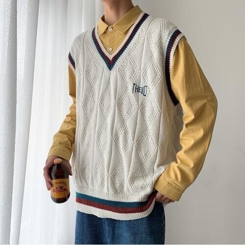 Sweater Vest Men Letter Printed BF V-neck 2XL Oversize Mens Vests Preppy Style Streetwear Stripe Tops Leisure Knitted Sweaters