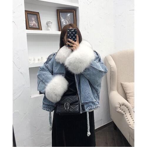 2020 Denim Parka Women Winter Jacket Real Fox Fur Collar Cuffs Rabbit Lining Warm Loose Outerwear Streetwear Removable Hooded