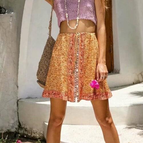 Happie Queens women red floral printed beach Bohemian skirt ladies rayon cotton elestic waist mini boho skirts