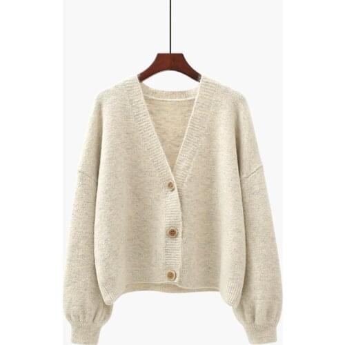 Lantern Sleeved Knitted Women Sweater And Cardigans V-Neck Solid All Match Thicken Warm Female Outwear Coat Tops