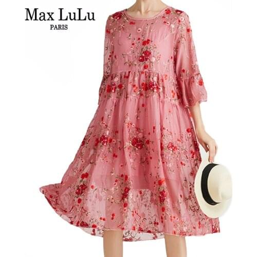 Max LuLu French Style Summer 2021 Women Floral Chiffon Lace Dress Ladies Loose Elegant Vestidos Female Oversized Pink Dresses