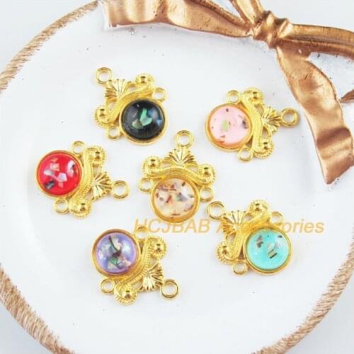 12 New Flower Charms Gold Color Retro Mixed Resin Round Connectors 18x23mm