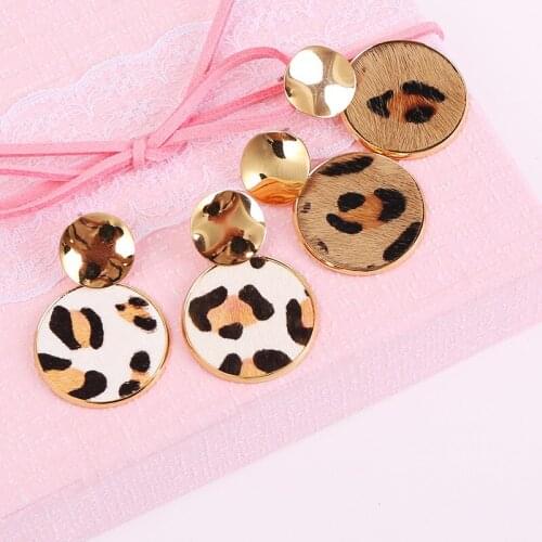 2021 New Vintage Copper Zebra Stripe Leopard Pendant Round Cheetah Horse Hair Leather Stud Earring for Women