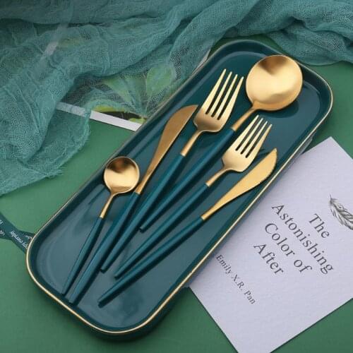 24Pcs Hot Sales Green Gold Cutlery Mirror Colorful Flatware Set Stainless Steel Dinnerware Set Kitchen Silverware Gold Tableware