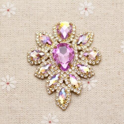 5.8*4.5cm Glass Colorful purple rhinestone applique Gold Base Applique Sew on Rhinestone For Party Wedding Dress Decoration