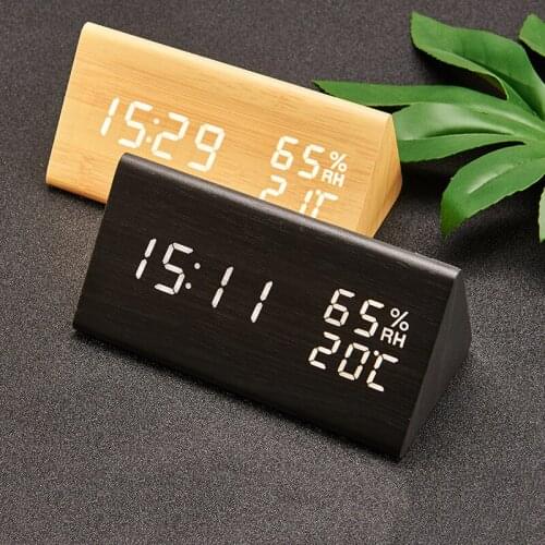 Wooden Digital Electronic Alarm Clock Triangle Wooden Clock Creative Voice Control LED Can Display Temperature And Humidity
