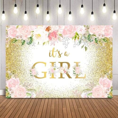 Its Girl Glitter Birthday Backdrop Gold Glitter Baby Shower Background for Photo Booth Prop Pink Flowers Girls Baby Shower