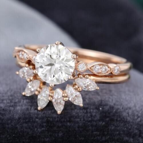 EDI 14k Rose Gold Round Brilliant Moissanites Engagement Ring Natural Conflict-Free Diamond Ring Crown Wedding Bridal Set