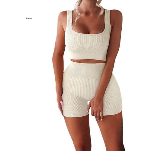 2 Piece Seamless Gym Set Ribbed Crop Top O Neck Sports Bra High Waist Leggings Shorts Set Women Fitness Sport Workout Suits