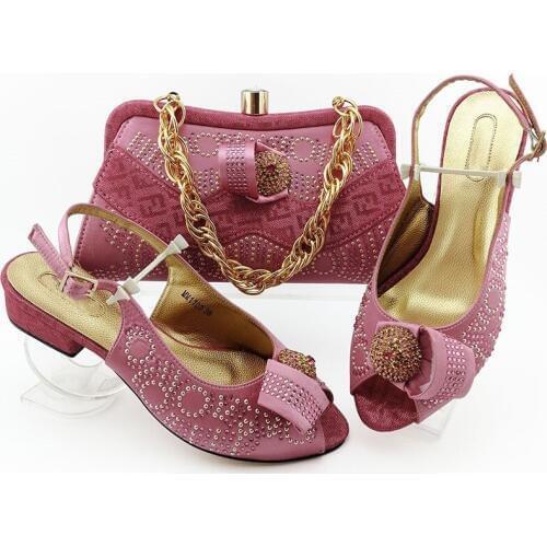 Beautiful pink women shoes with rhinestone bowtie style african dress shoes match handbag set MM1103,heel 4CM
