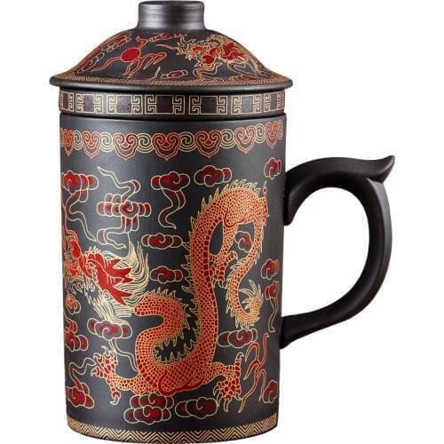 Yixing Purple sand Round teacup with Filter and cover dragon ceramic cups home office cup gift travel tea set for Pu'er kung fu