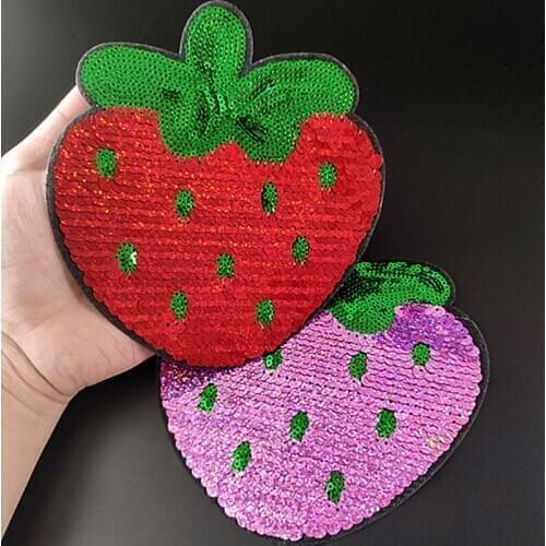 Iron on patches for clothing Women 155mm Strawberry Red Pink Sequined Fabric Sequins Strange things Fruit Patch Clothes Stickers