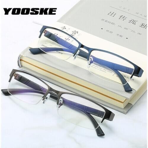 YOOSKE Anti Blue Light Finished Myopia Glasses Men Business Metal Half Frame Eyeglasses Unisex -0.5 -1 -1.5 -2 -2.5 -3 -3.5