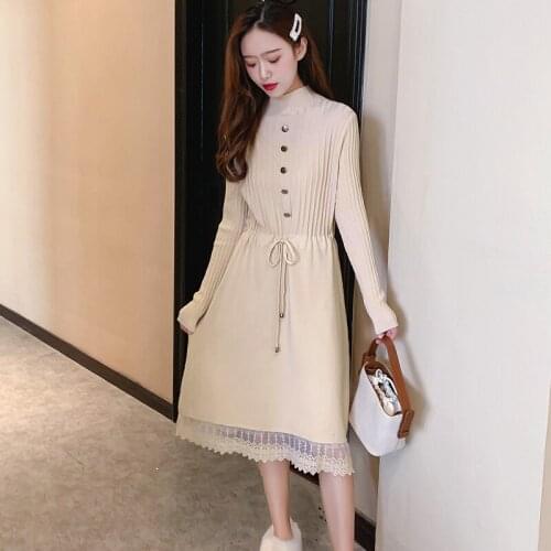 Autumn Winter Women Sweater Dress Turtleneck Lace Knitted Dress Long Sleeve Casual Pullovers Female Vintage Dresses Vestidos 152