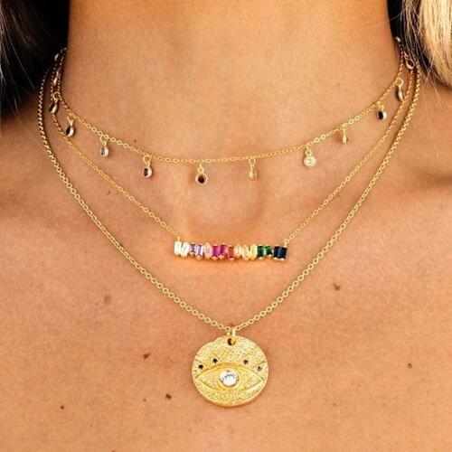 High Quality Rainbow Baguetee Cz Bar Geometric Pendant & Necklaces Colorful Rainbow Gold Filled 2021 Women Fashion Choker Gifts