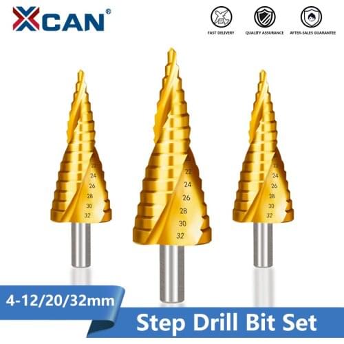 XCAN HSS Step Cone Drill Bit Titanium Coated 4-12/20/32mm Core Drill Bit for Wood Metal Drilling Spiral Grooved Cone Hole Cutter