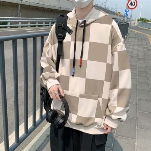 Harajuku Hoodies Sweatshirt 2021 Autumn Plaid Pirnted Black Hooded Sweatshirt Casual Loose Hooded Pullover Fashion Hoodie Men