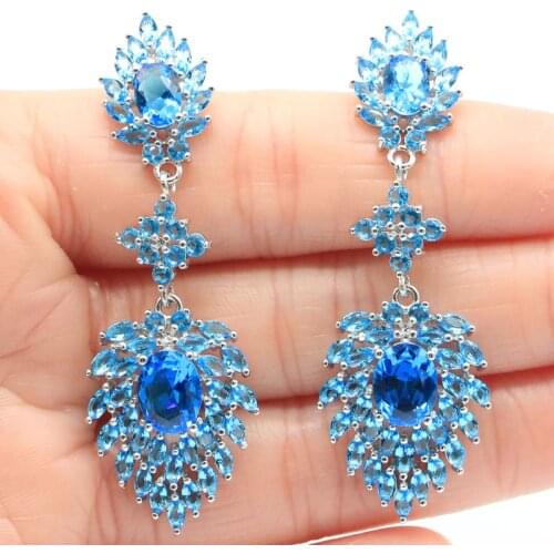 40x26mm Gorgeous Created Violet Tanzanite White Cubic Zircon For Woman Briday Gift Dating Silver Earrings