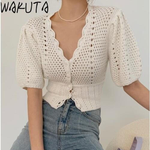 WAKUTA Hollow Out Esign Ladies Knitted Tops Korean Hot Trendy Summer Sexy V Neck Short Puff Sleeve Slim Waist Cardigan Elegant